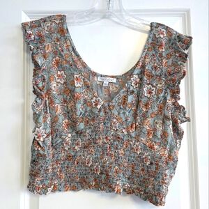 Patrons of Peace Floral Ruffle Sleeves Crop Top With Smocking  Size Large